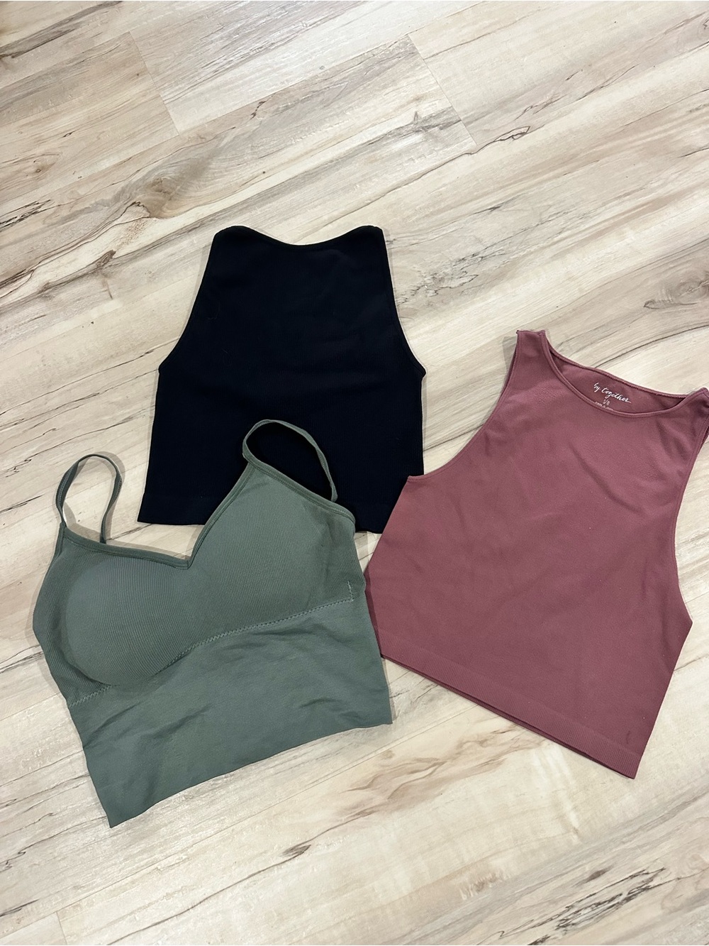 3-Pack Ribbed Crop Tops - Black, Olive Green & Mauve